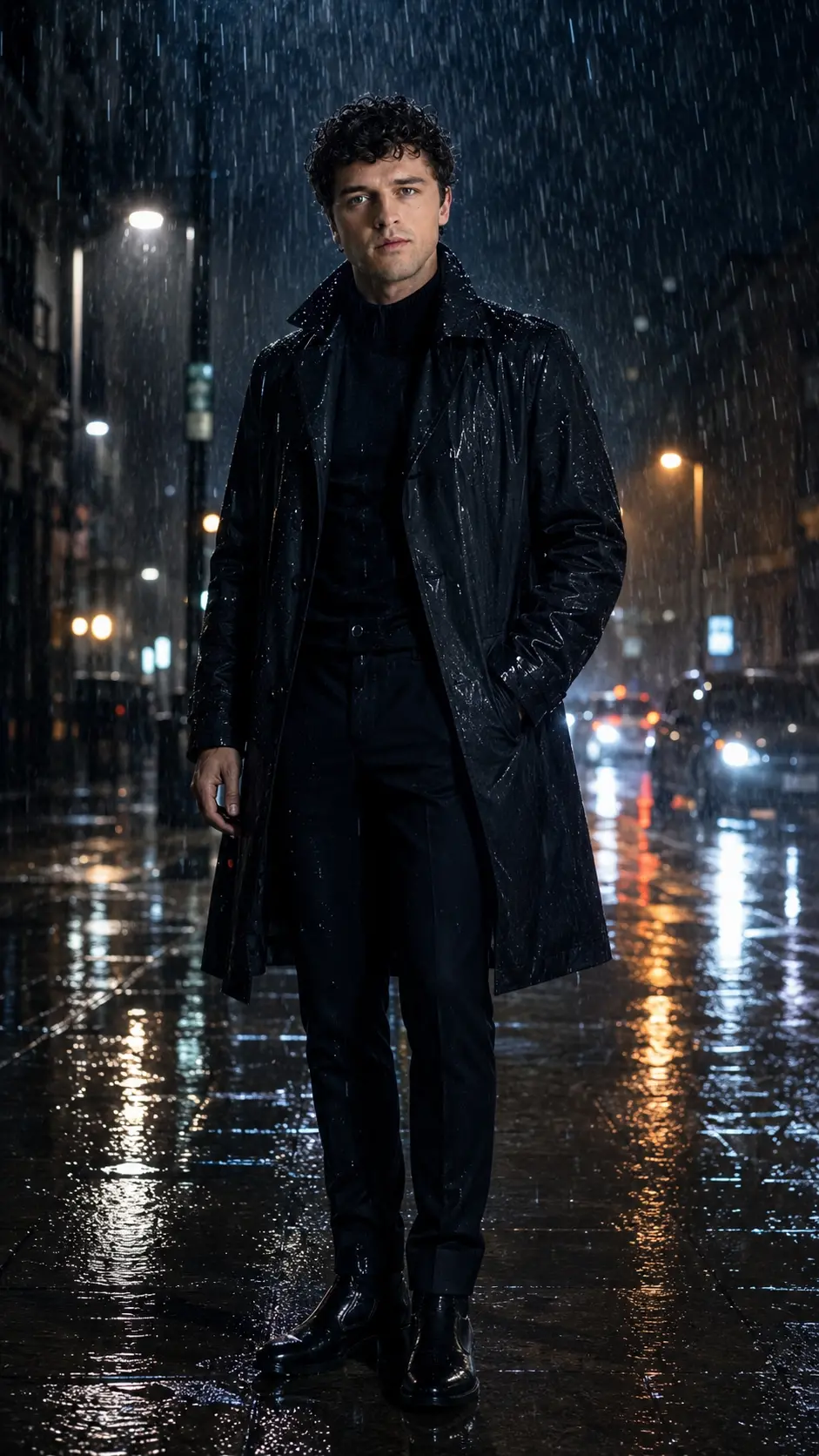 Man wearing a dark trench coat standing on a wet urban street at night with heavy rain falling, illuminated by streetlights and car headlights.