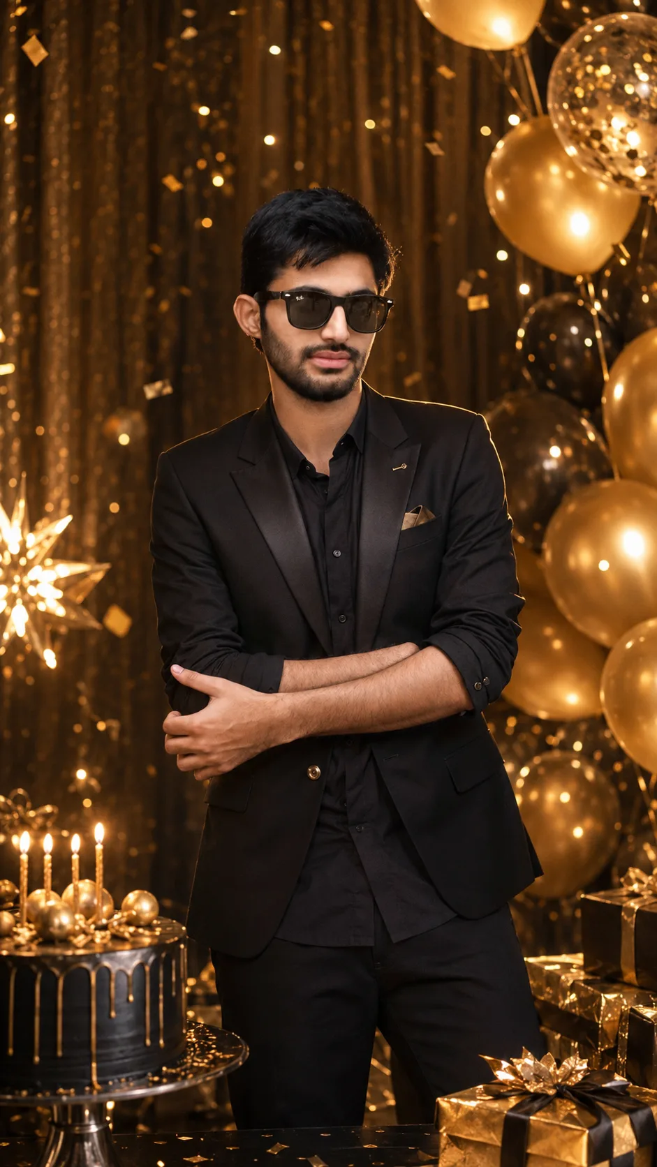 One person celebrating a luxurious birthday surrounded by golden balloons, confetti, gifts, and warm studio lighting.