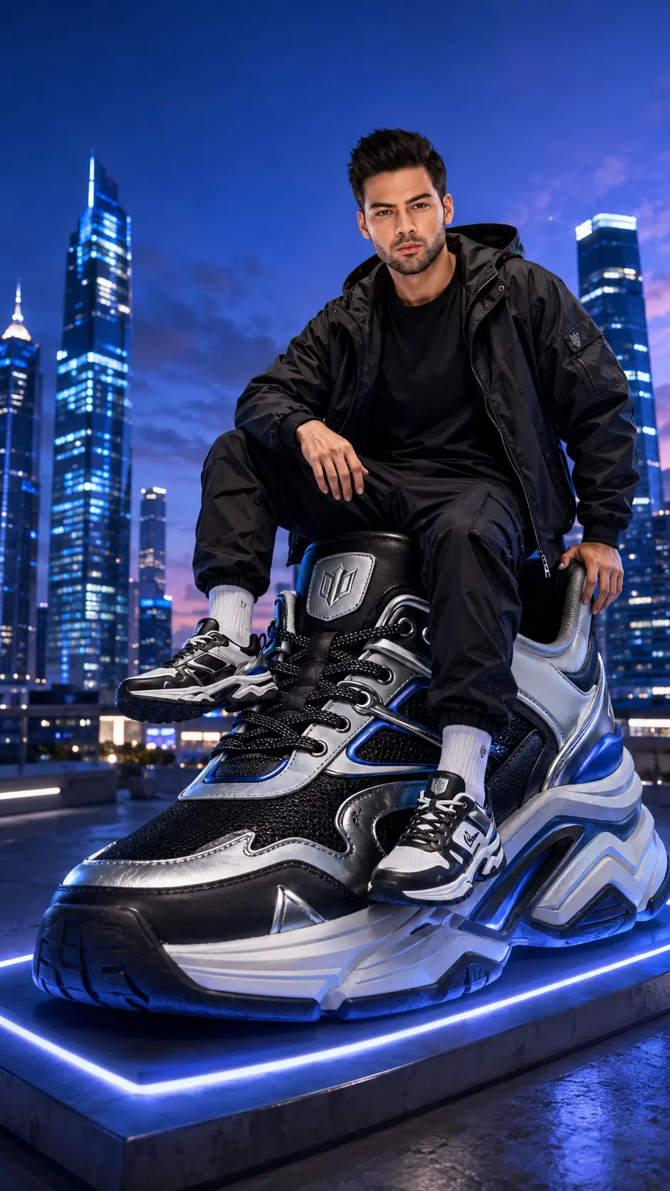 Portrait of a confident man in black streetwear sitting on a giant luxury sneaker on a rooftop with illuminated modern city skyscrapers at twilight.