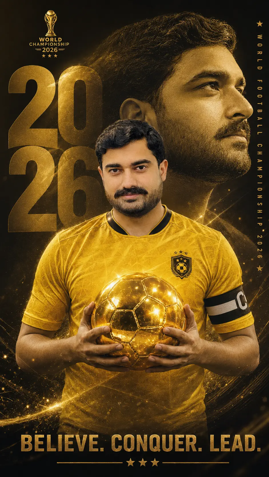 Promotional poster for 2026 World Football Championship showing a football captain in a yellow jersey holding a shiny golden football with a dramatic black and gold background and motivational text