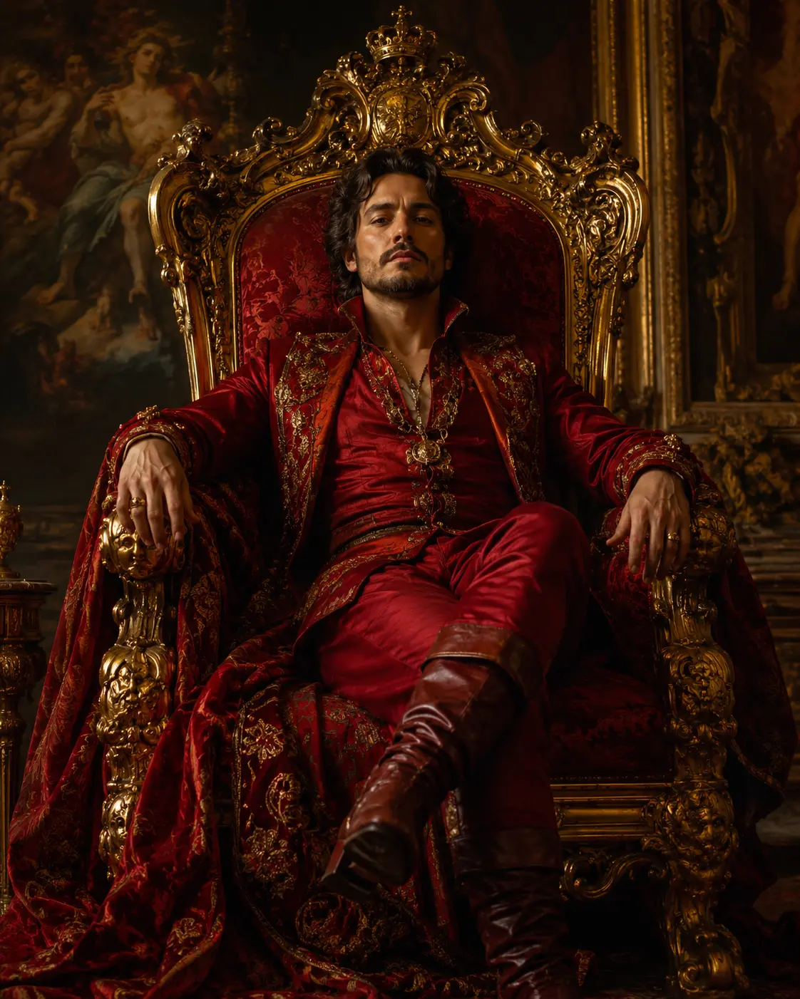 Photorealistic portrait of a man in deep crimson velvet Baroque outfit seated confidently on an ornate golden throne in a richly decorated royal room with dramatic chiaroscuro lighting.