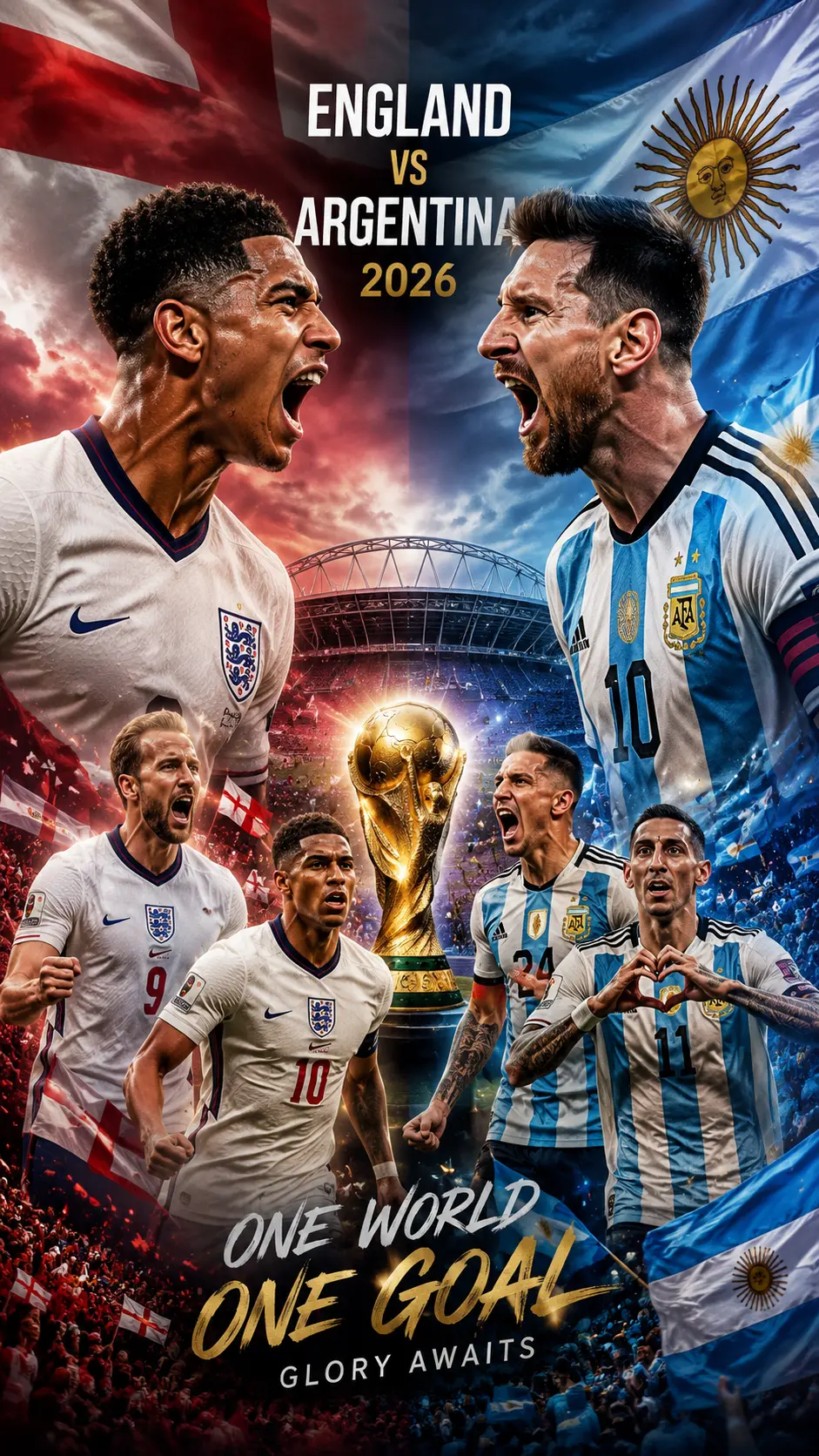 Photorealistic vertical poster of England and Argentina football players opposing each other with championship trophy center, vivid crowd and stadium background.