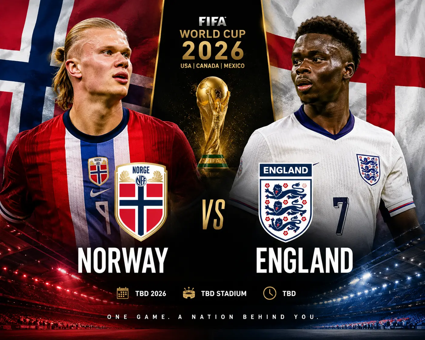 Photorealistic football match poster with Norway player in red jersey facing England player in white jersey, flags and FIFA World Cup trophy in background.