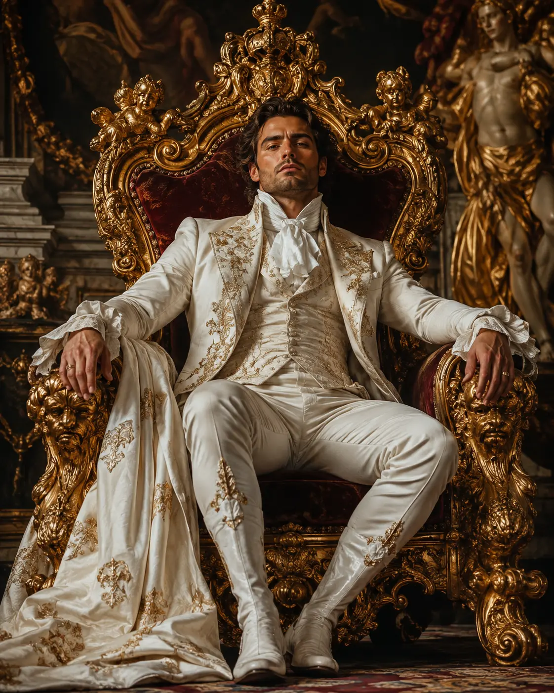 Man in extravagant white and gold royal outfit seated on a large ornate golden Baroque throne with deep red velvet upholstery inside a richly decorated palace.