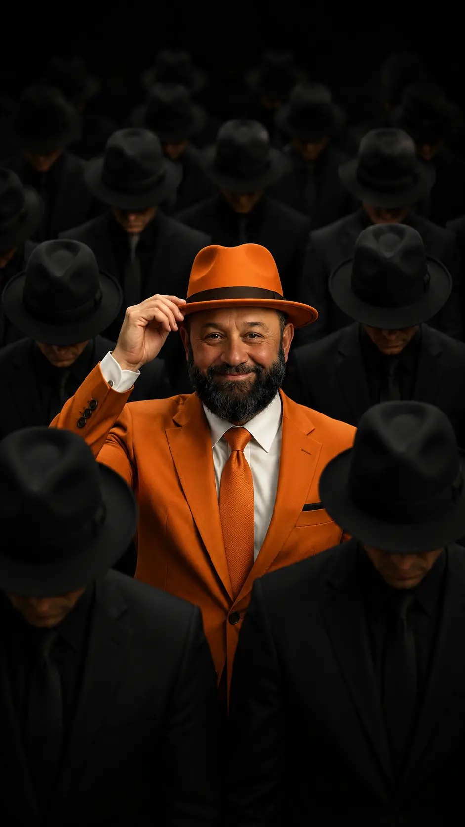 Waist-up portrait of a bearded man in an orange suit and hat smiling confidently, surrounded by anonymous men in black suits and hats with heads bowed in shadows.