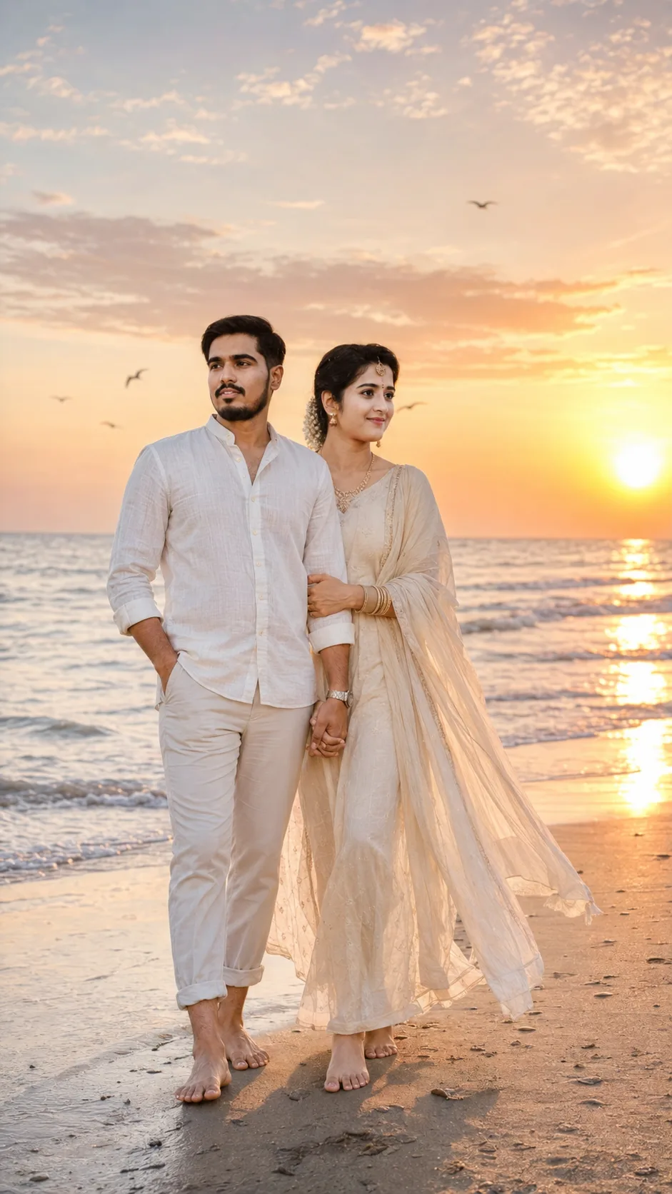 Loving couple walking together on a beach during a golden sunset.