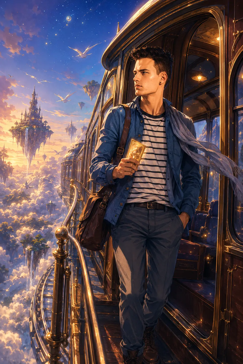 Anime-style portrait of a young man on a vintage fantasy sky train balcony, holding a glowing ticket with floating islands and a twilight sky in the background.
