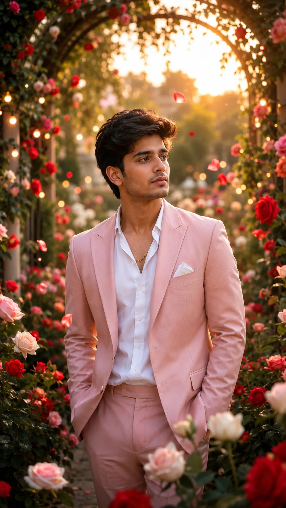 Romantic portrait in an enchanted rose garden with warm golden-hour lighting.