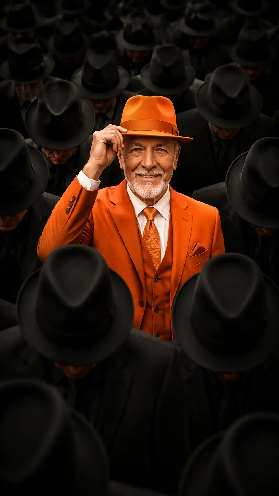 Waist-up portrait of a bearded man in an orange suit and hat smiling confidently, surrounded by anonymous men in black suits and hats with heads bowed in shadows.
