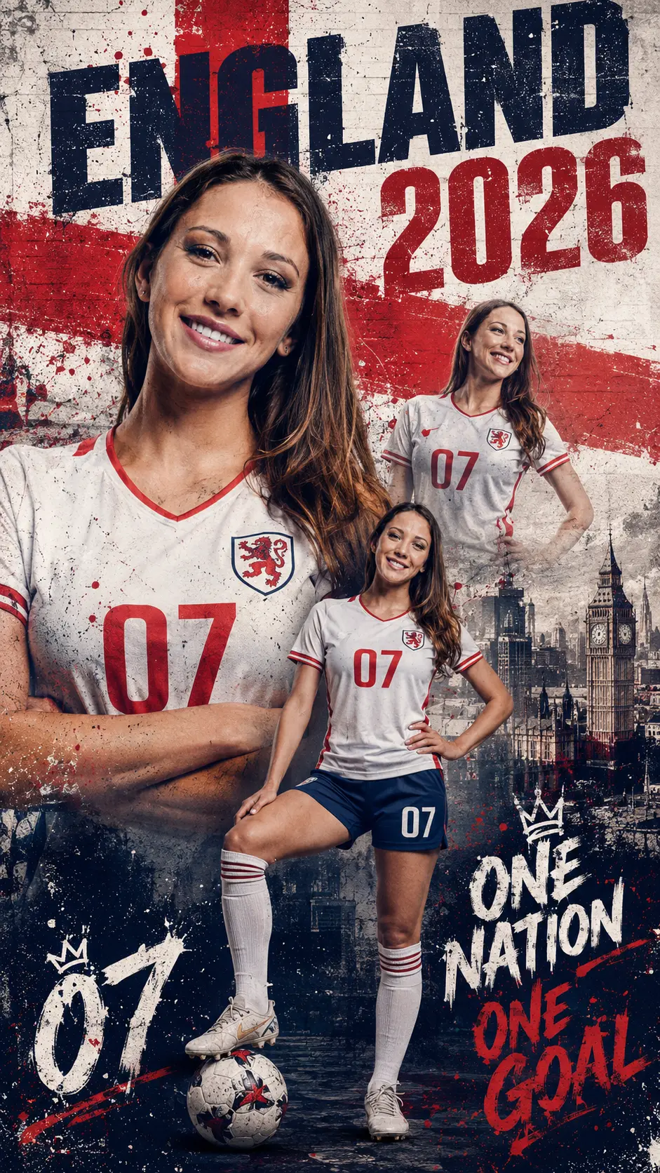 Female soccer player wearing England 2026 kit standing with one foot on a football, smiling confidently with London skyline and Big Ben in background.