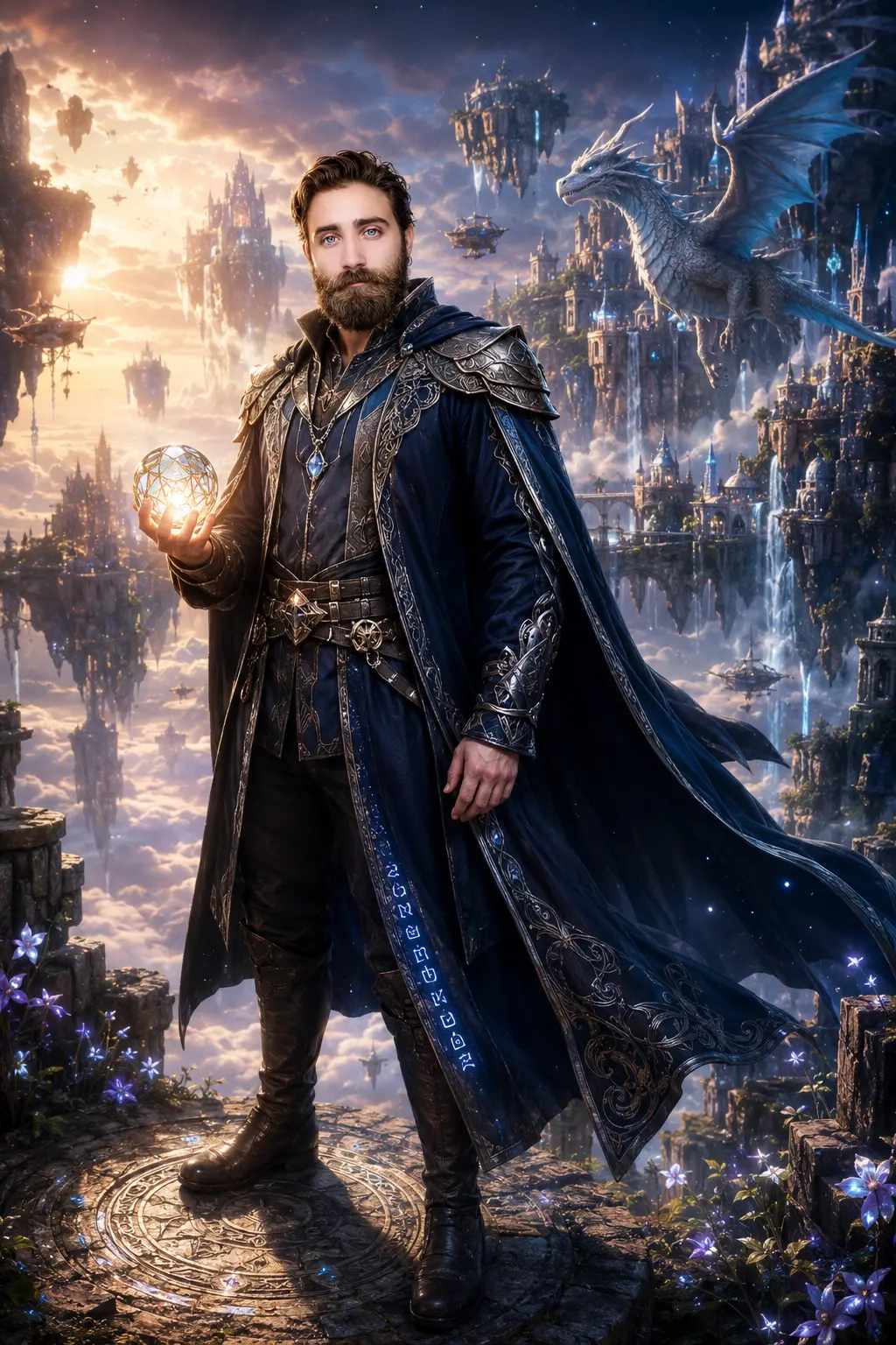 A bearded fantasy guardian in dark ornate armor and flowing cloak holds a glowing magical orb, standing on stone ruins with a dragon and floating castles in the sky behind.