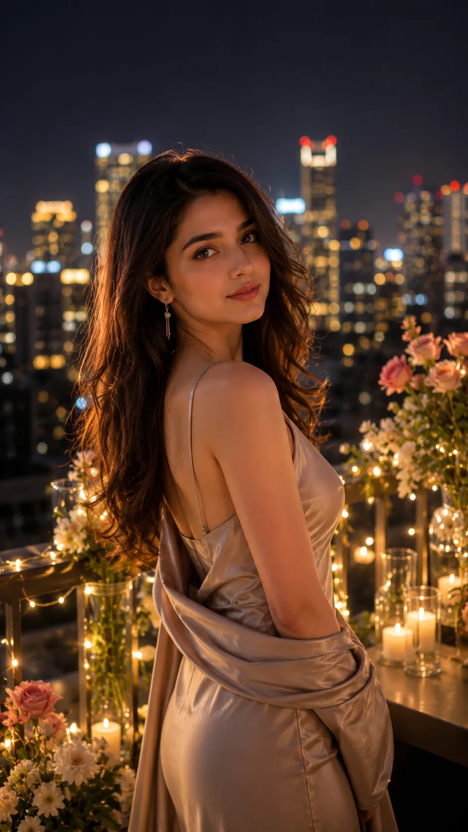 Elegant romantic rooftop portrait overlooking glowing city lights at night.