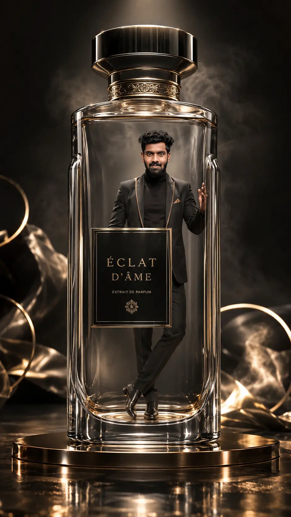 Man dressed in a dark tailored suit standing inside a giant transparent luxury perfume bottle labeled 'Éclat d’Âme' on a reflective gold platform with dramatic lighting and mist.