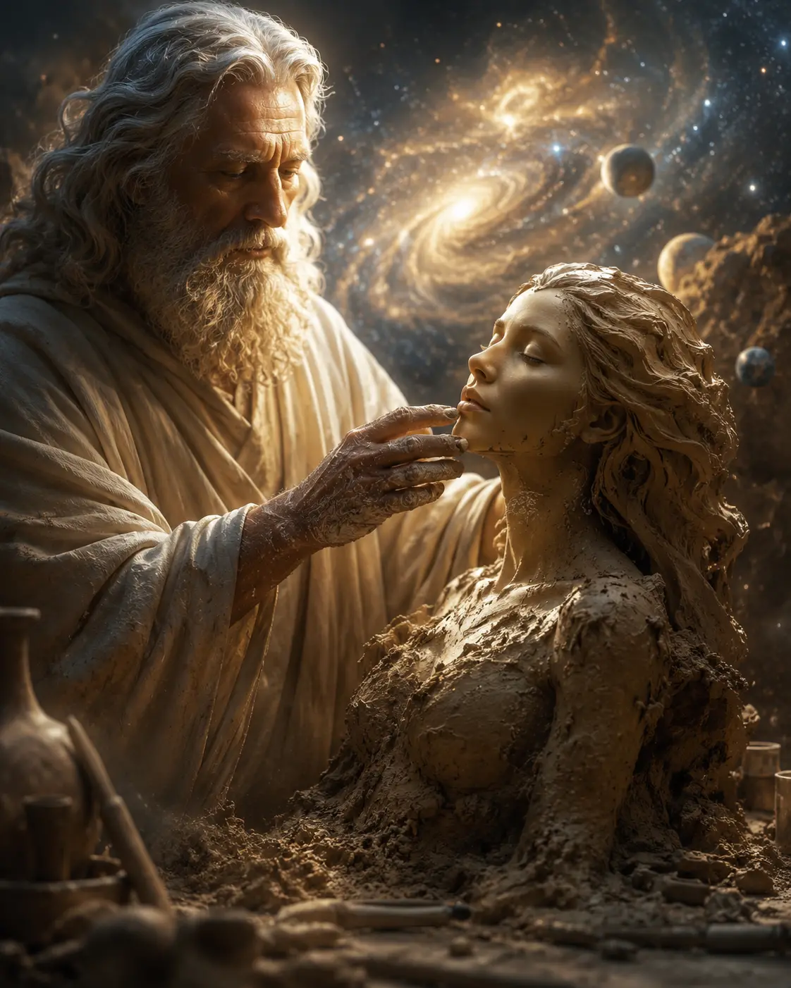 An ancient bearded man sculpting a clay female figure emerging from earth with a cosmic galaxy and planets in the background studio setting with warm golden lighting.