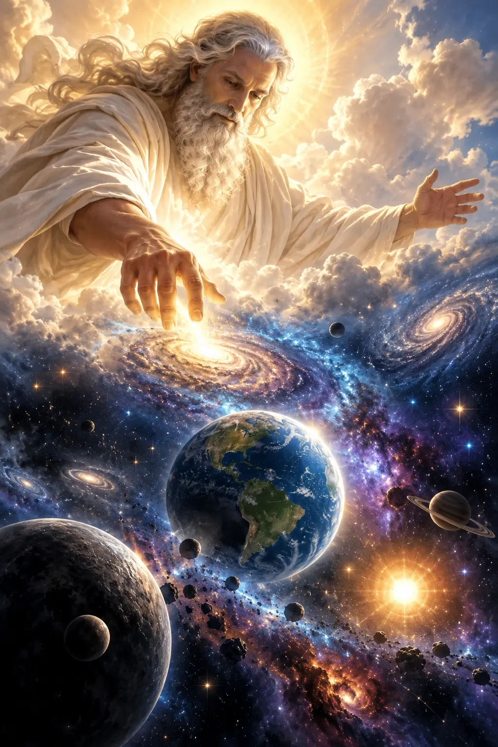 Photorealistic fantasy portrait of a majestic celestial being in flowing robes creating spiral galaxies, planets, and cosmic elements surrounded by clouds and stars.