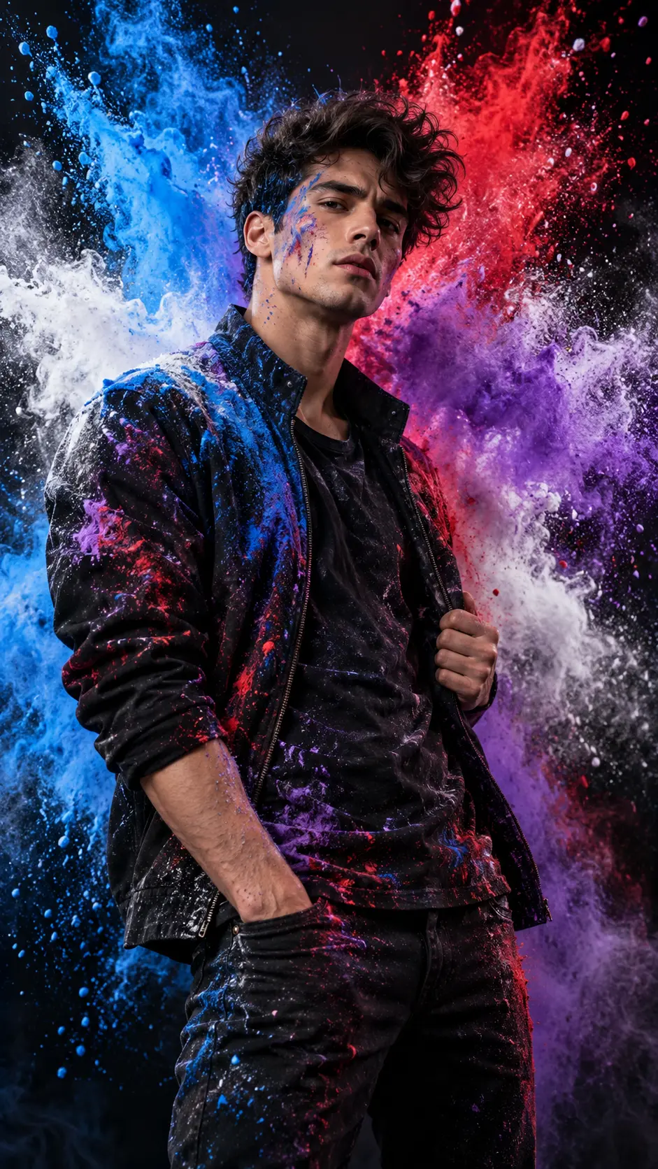 Portrait of a young man with curly hair wearing black clothing covered in colorful powder against a dark background with explosive splashes of blue, red, purple, and white powder.