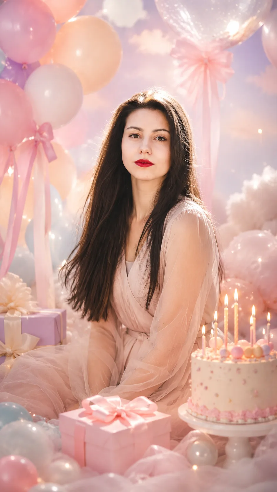 One person posing in a dreamy pastel birthday studio surrounded by balloons, gifts, ribbons, and soft lighting.