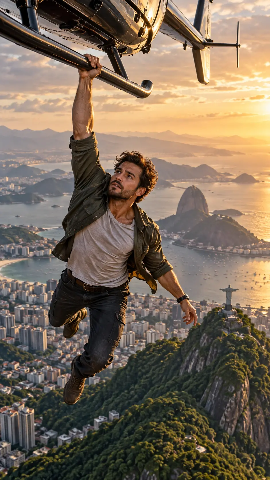 Photorealistic portrait of a man hanging from the landing skid of a flying helicopter over a sprawling city with hills, water, and iconic landmarks at golden hour.