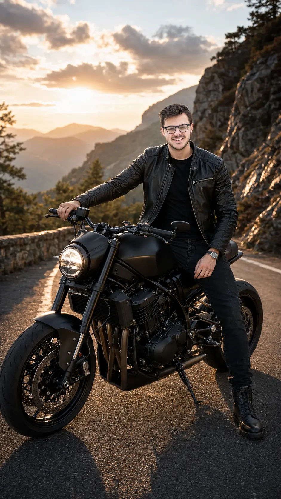 Smiling man in black leather jacket and boots stands next to a matte black motorcycle on a mountain road during sunset with dramatic sky and rocky hills.