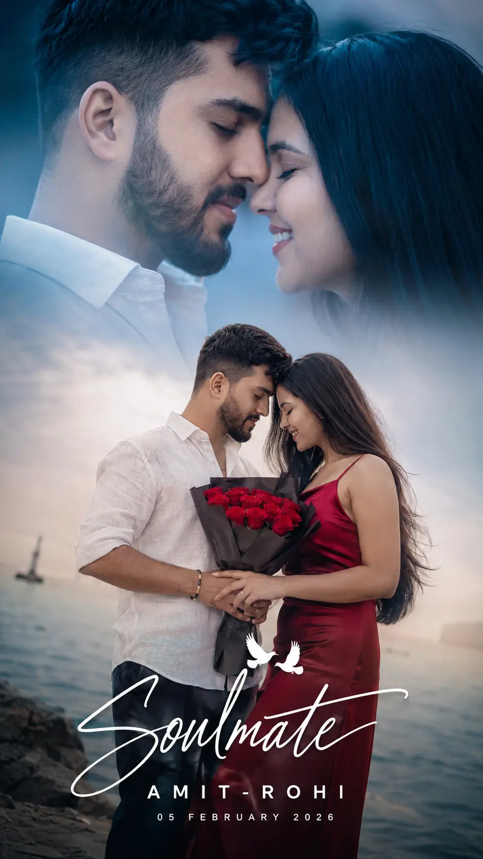 Young romantic couple holding a bouquet of red roses by the sea during sunset, with a close-up double-exposure effect showing their smiling faces with foreheads touching.