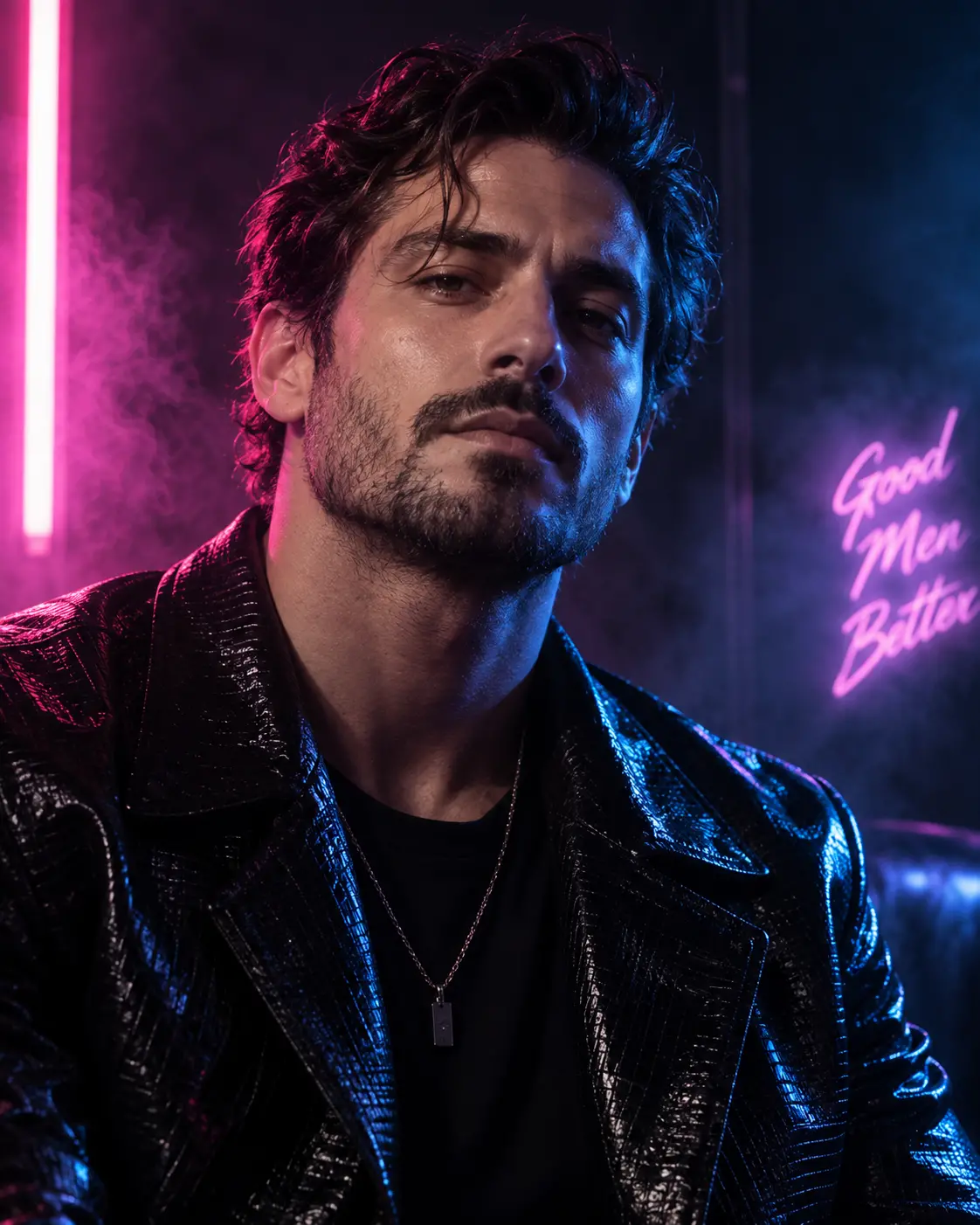 Close-up cinematic portrait of a man in a black glossy leather jacket illuminated by pink and blue neon lights with smoky background and neon sign.