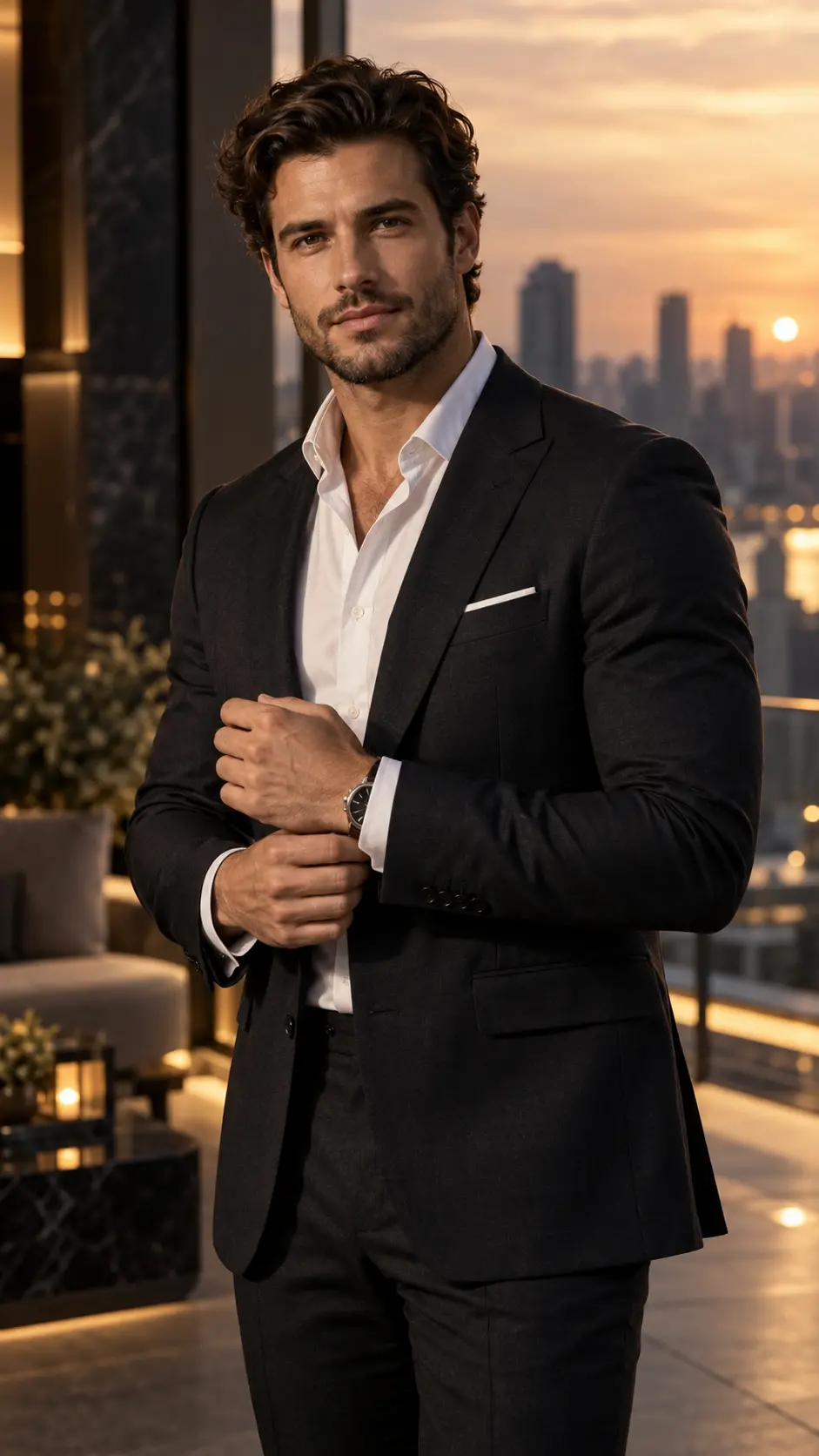 Photorealistic portrait of a confident man in a tailored dark suit adjusting his cufflink, standing on a luxury rooftop terrace with a sunset city skyline in the background.