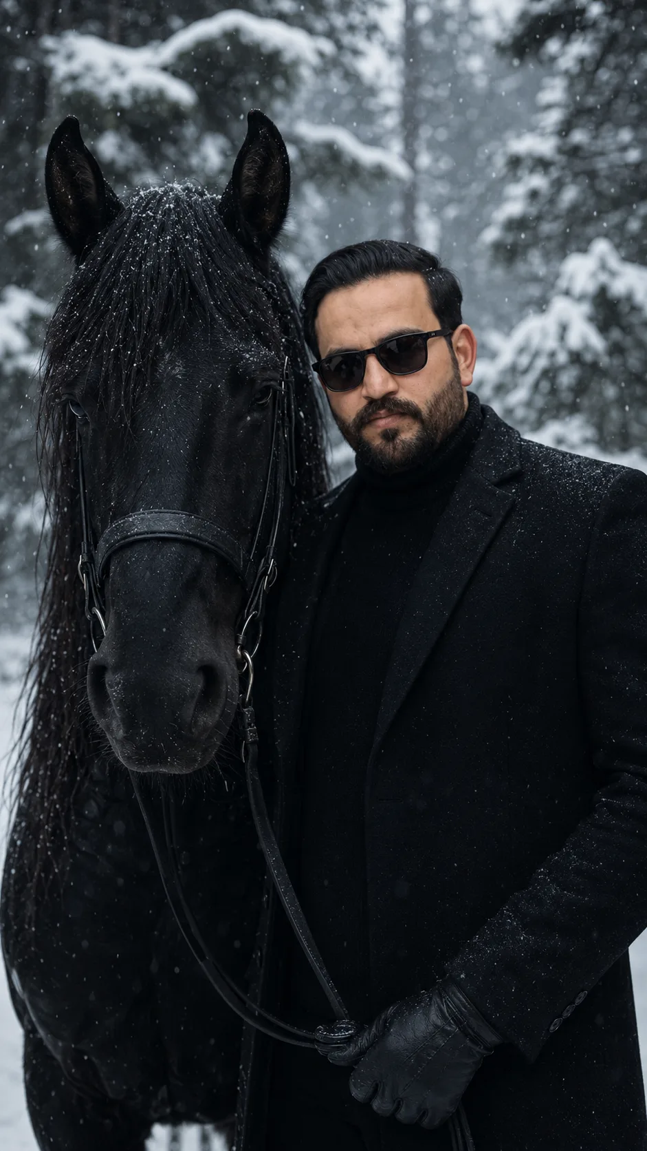 Ultra-realistic cinematic portrait of an elegant bearded man in a tailored black coat, high-neck sweater, gloves, and sunglasses standing beside a majestic black horse in a snowy forest as gentle snow falls around them.