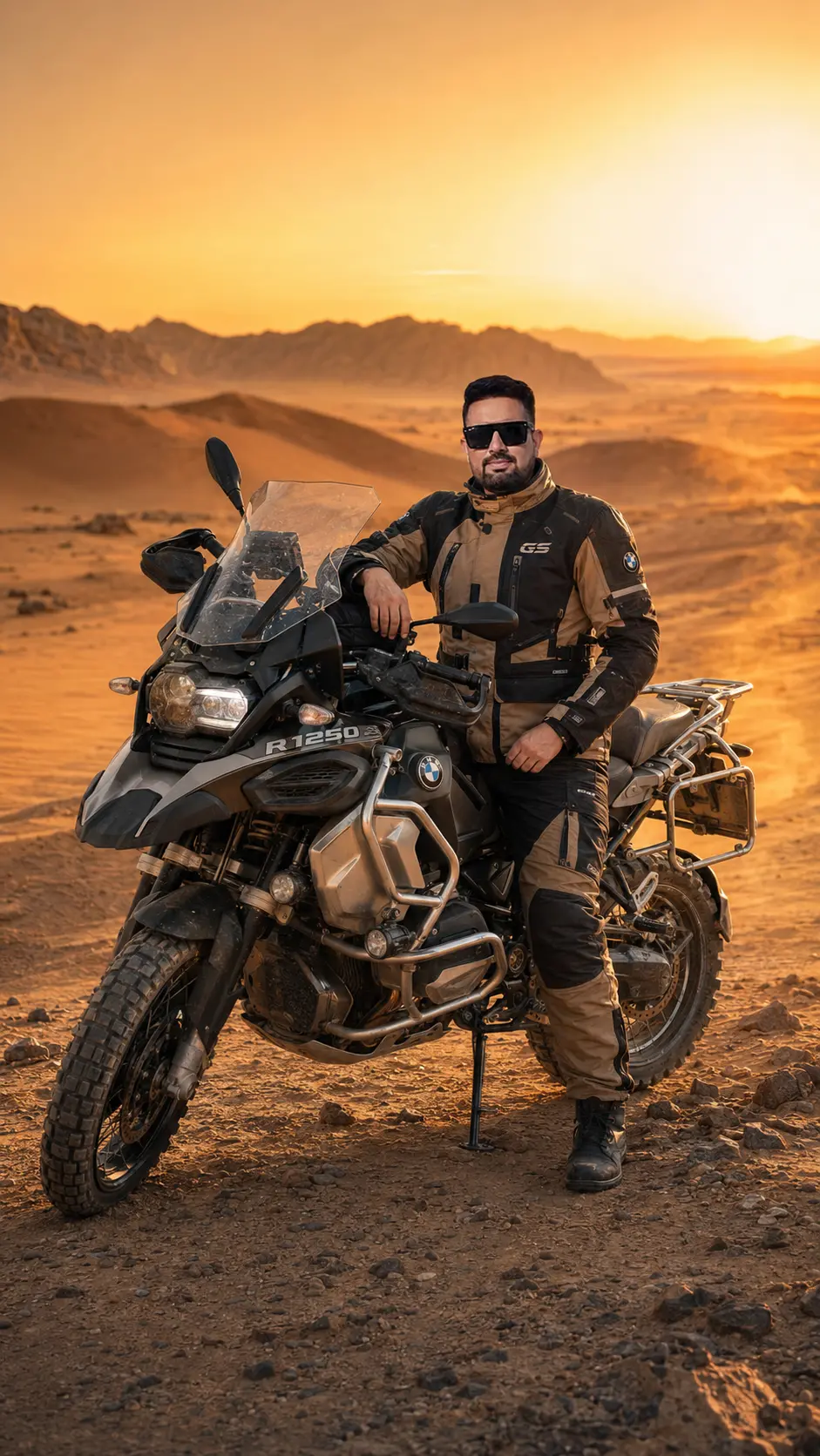 Man in premium adventure riding gear standing next to a BMW R 1250 GS motorcycle in a vast desert at sunset with mountains and sand dunes in the background.