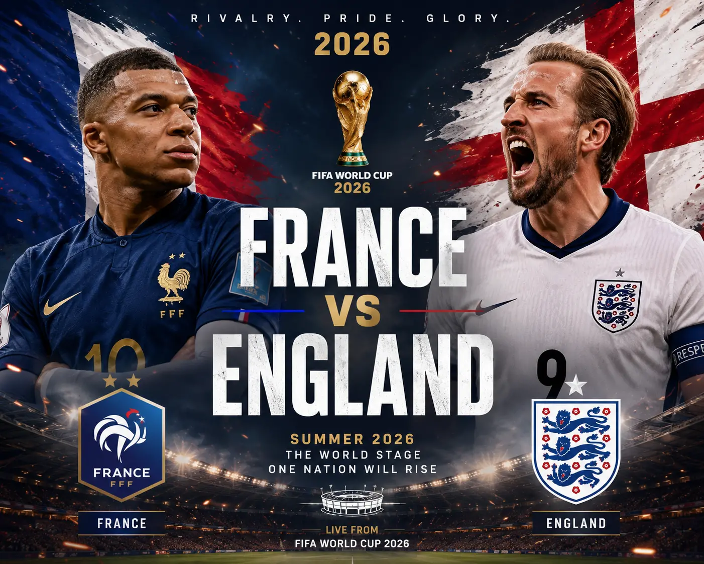 Photorealistic poster showing two professional football players facing off with France and England jerseys in a stadium with championship trophy and team logos