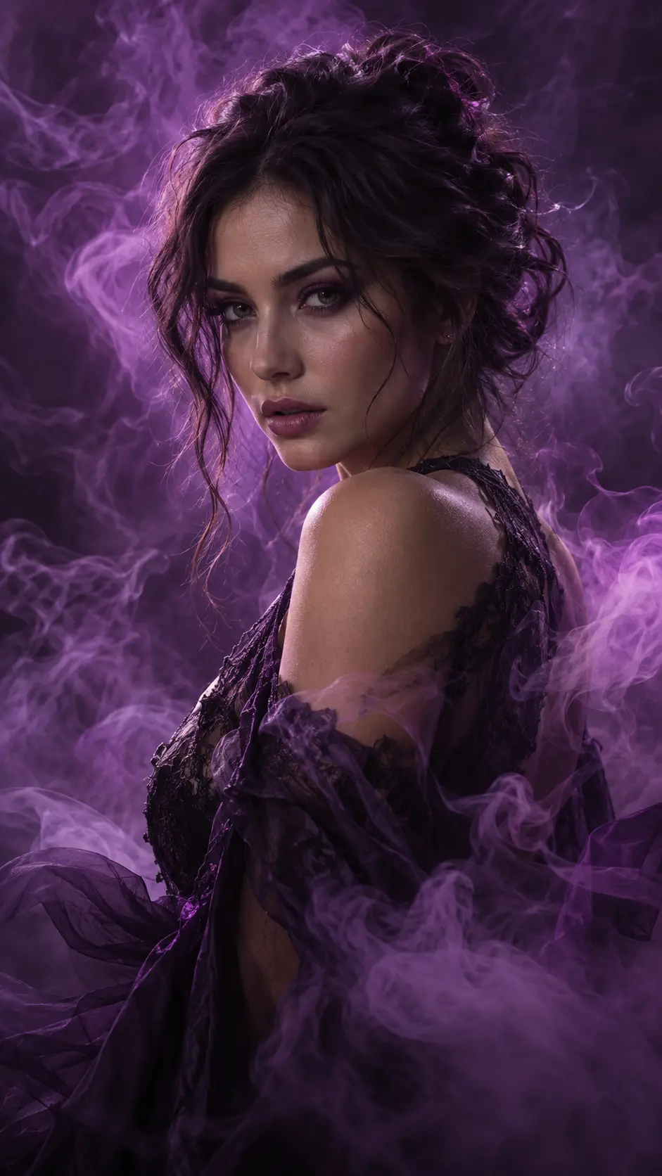 Cinematic portrait of a woman in dark lace fashion outfit surrounded by swirling purple smoke with moody lighting and artistic atmosphere.