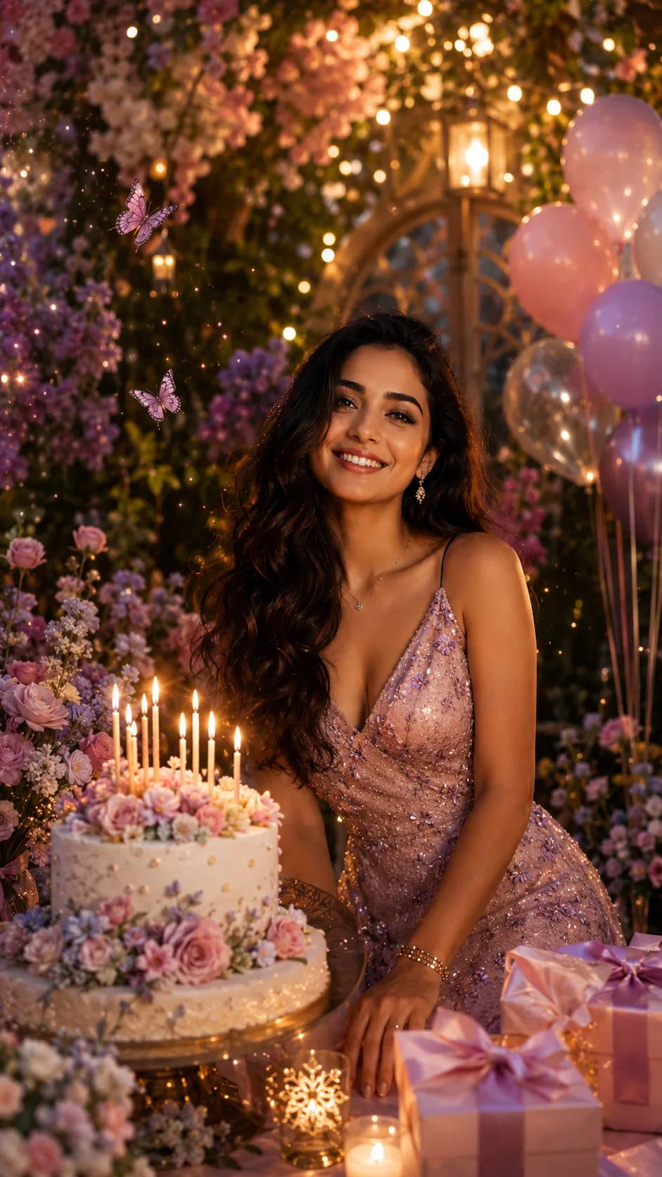 One person celebrating a dreamy birthday in an enchanted flower garden with balloons, fairy lights, and floating petals.