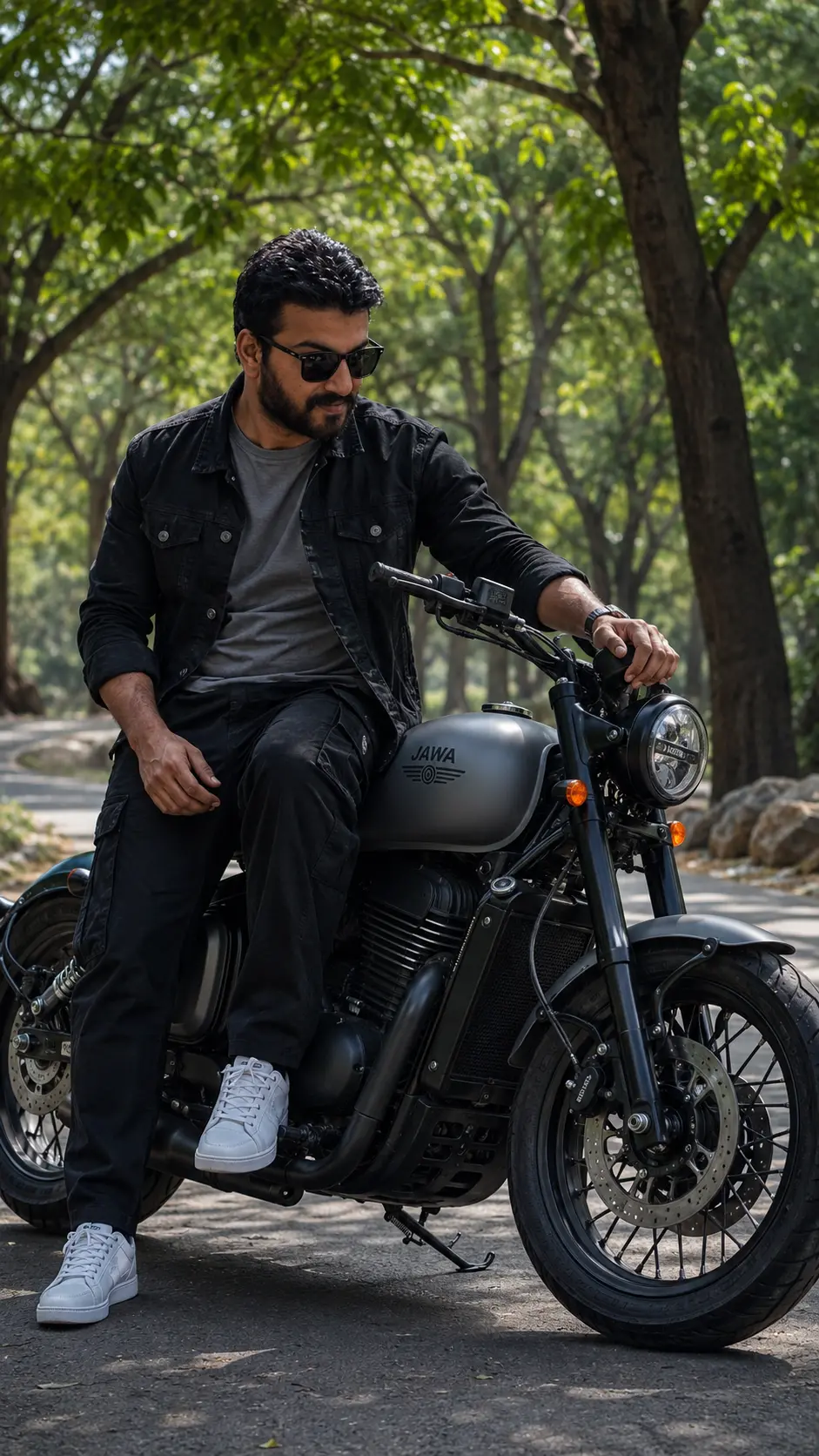 Young man wearing black denim jacket, grey t-shirt, black cargo pants, white sneakers, and sunglasses sitting on matte grey Jawa 42 Bobber motorcycle on a tree-lined park path under soft daylight.