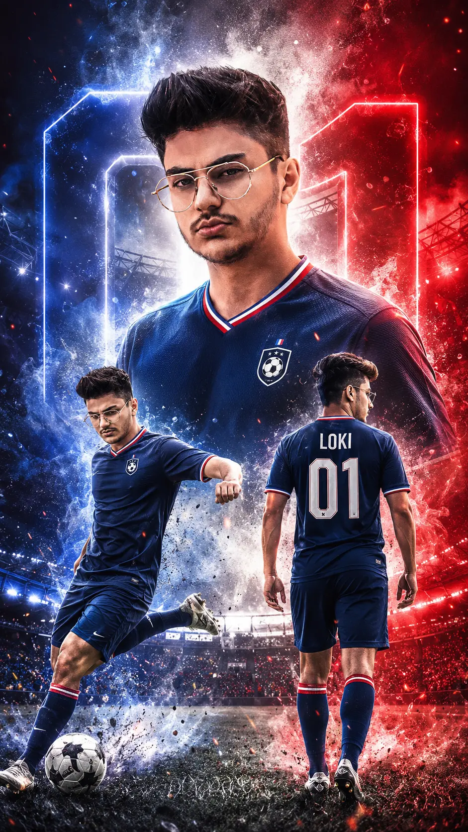 Illustration of a soccer player in a blue jersey with glasses, shown in front, kicking a ball, and from the back with 'LOKI 01' on the jersey, against a red and blue glowing stadium background