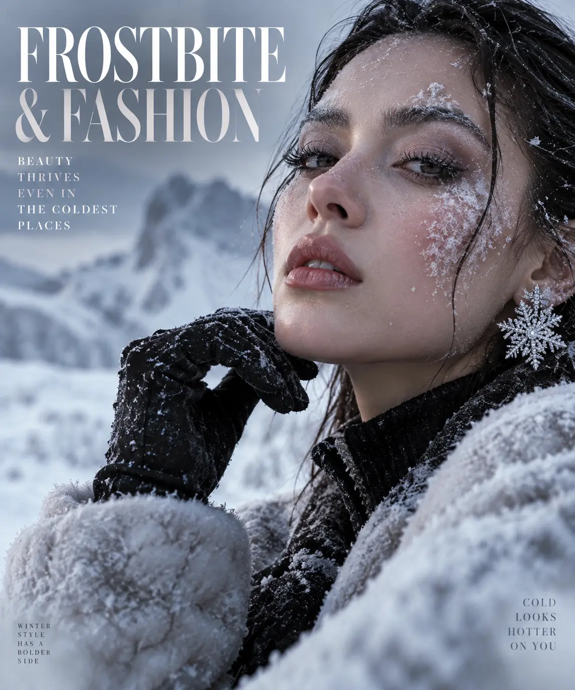 Close-up winter fashion portrait of a woman with snowflakes on her face and hair, wearing black gloves, fur coat, and a snowflake earring against a snowy mountain background.