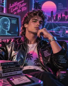 Stylish adult man in 1980s leather jacket posing thoughtfully inside neon-lit retro-futuristic studio with vintage computer and synthwave cityscape background.
