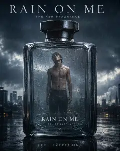 Photorealistic advertisement of a shirtless male model standing inside a large transparent glass perfume bottle with water droplets, set in a rain-soaked urban landscape under a stormy sky.