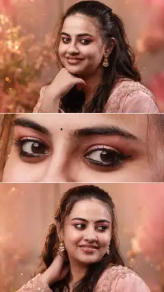 Three-panel portrait collage of a South Asian woman in soft blush pink traditional attire with elegant makeup and gold earrings, featuring close-up and mid shots.