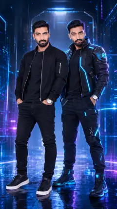 A man standing confidently next to his futuristic 3D avatar wearing neon-accented techwear in a glowing cyberpunk corridor with reflective floor.