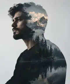 Side profile of a man overlaid with a double-exposure effect showing snowy mountain peaks, tall pine trees, and a reflective lake.