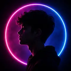 Side profile portrait of a young male with neon pink and blue circular light halo on dark background