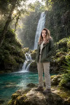 A person stands on a rock beside clear turquoise water with a tall waterfall and lush greenery in the background, lit by soft sunlight.