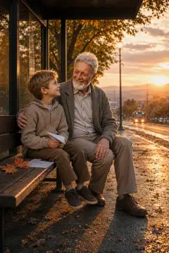 An elderly man and a young boy sitting together on a wooden bench at a bus stop with warm sunset lighting and autumn leaves scattered on the ground.