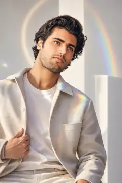 Portrait of a young man in a light beige jacket and white shirt with subtle rainbow prism light reflections on his jacket and background in a clean studio setting.