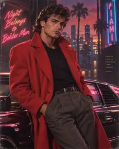 Photorealistic portrait of a man wearing a bold red coat and gray pleated trousers, leaning against a vintage car with neon-lit urban background and palm trees at dusk.