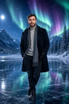Man standing on a frozen lake at night wearing winter clothing with northern lights and snow-covered mountains in the background.
