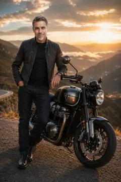 Mature man in black leather jacket and jeans leaning on a premium sport motorcycle on a mountain road during dramatic sunset lighting.