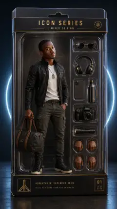 Limited edition 3D action figure of a man in stylish adventurer outfit inside clear plastic packaging with accessories including sunglasses, headphones, phone, water bottle, camera, flashlight, and extra hands.