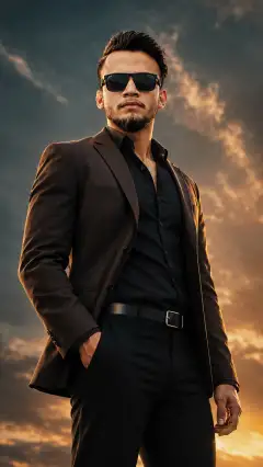 Confident man wearing dark brown blazer, black shirt, and sunglasses standing against a dramatic golden sunset sky with clouds.