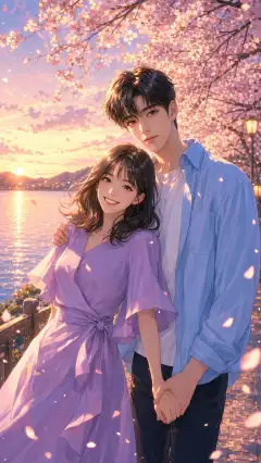 Anime-style portrait of a romantic couple holding hands under cherry blossom trees with a sunset and lake in the background.