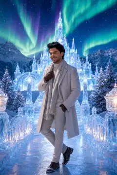 A man in elegant winter clothing standing on an icy pathway leading to a glowing ice palace under vivid northern lights, surrounded by snow and icy trees.